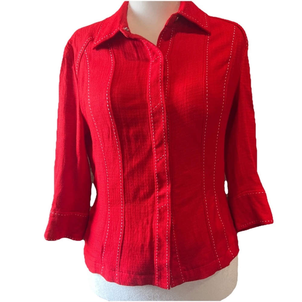 Preston & York Red Button Front Blouse Contrast Stitch 3/4 Sleeve 12